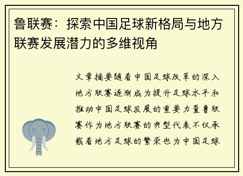 鲁联赛：探索中国足球新格局与地方联赛发展潜力的多维视角