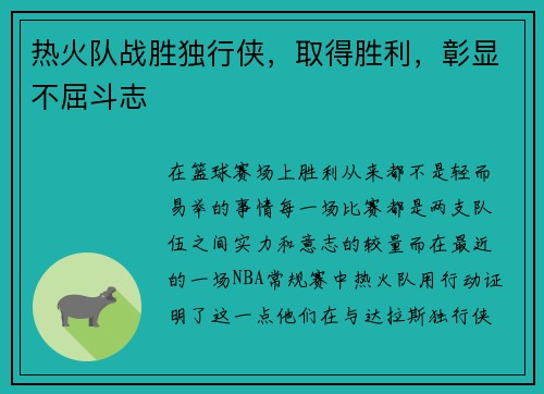 热火队战胜独行侠，取得胜利，彰显不屈斗志